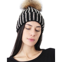 Čepice dámská - dívčí černá s třpytivými kamínky s kožešinovou bambulí