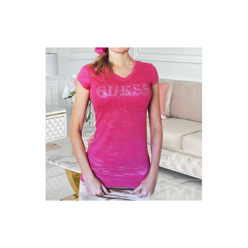 Dámské tričko GUESS Marty logo růžové burnout triko s kamínky