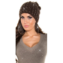 Pletená dámská čepice Koucla hnědá s kamínky