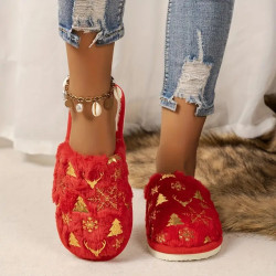 Dámské vánoční papuče - červené pantofle se zlatými stromečky