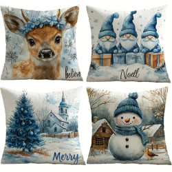 Sada vánočních povlaků na polštářky modré se srnečkou