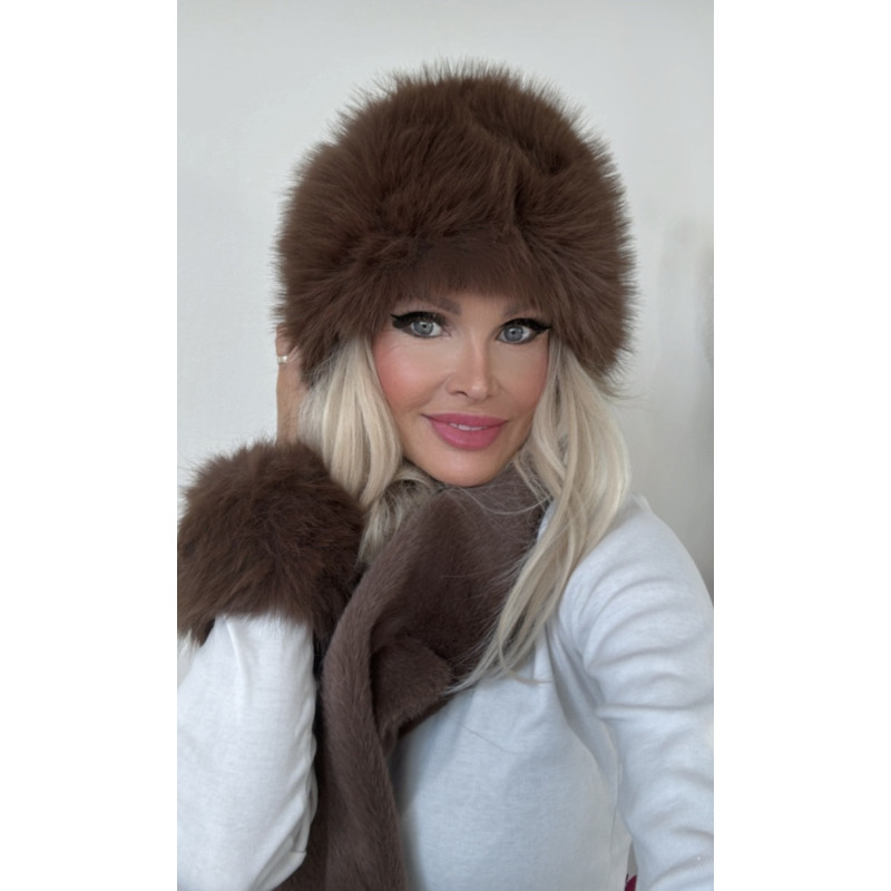 Kožešinová čepice, šála a rukávky imitace hnědé lišky