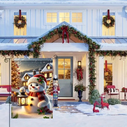 Vánoční zahradní vlajka se sněhulákem - lněná dekorace