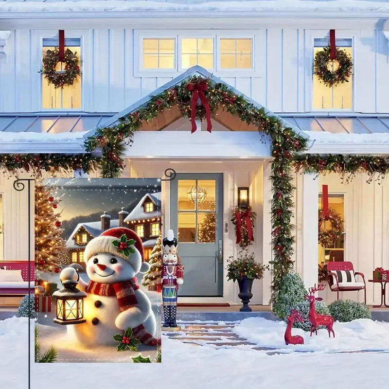 Vánoční zahradní vlajka se sněhulákem - lněná dekorace