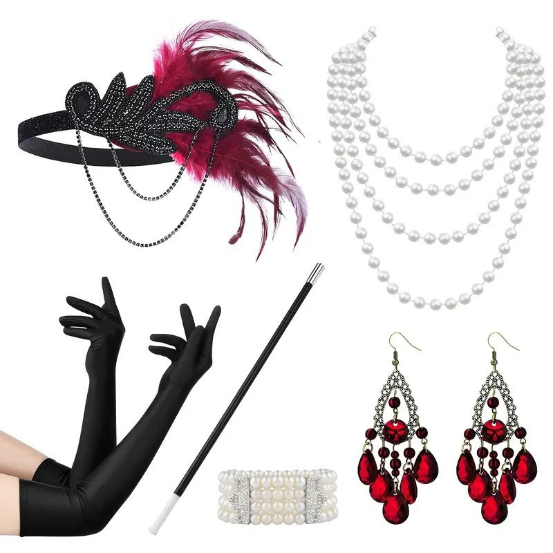 Plesová červená čelenka styl Great Gatsby, perly, náušnice, cigaret.špička, náramek a rukavice