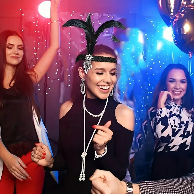 Plesová čelenka styl Great Gatsby, perly, náušnice, cigaret.špička, náramek a rukavice