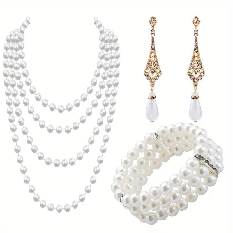 Perlový náhrdleník styl Great Gatsby, perly, náušnice a náramek