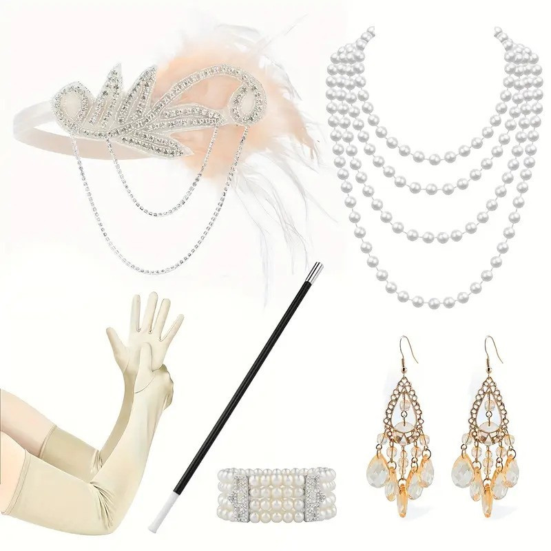 Plesová čelenka styl Great Gatsby, perly, náušnice, cigaret.špička, náramek a rukavice