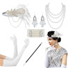 Plesová čelenka styl Great Gatsby, perly, náušnice, cigaret.špička, náramek a rukavice
