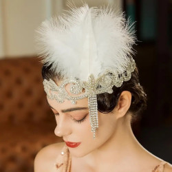 Luxusní čelenka styl Great Gatsby - 20.léta s pavím peřím a štrasovým kamínky zlatá