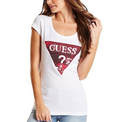 Dámské tričko Guess Tracy Logo - bílé triko s flitry
