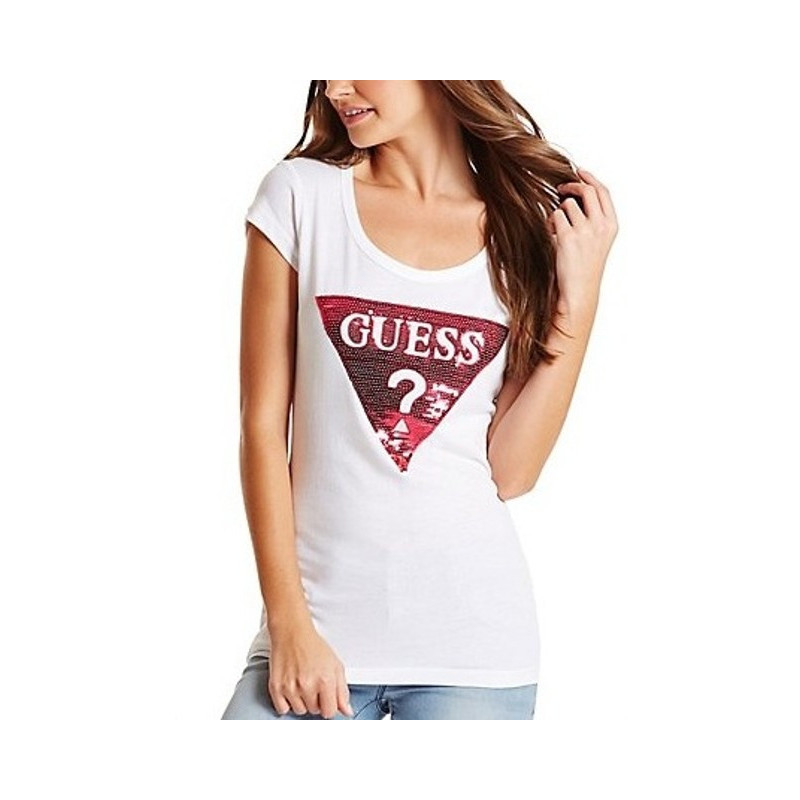 Dámské tričko Guess Tracy Logo - bílé triko s flitry