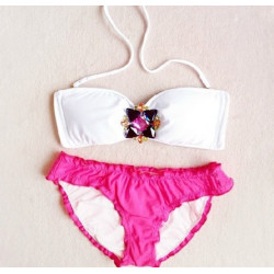 Dámské plavky s kamínkovou broží růžovobílé