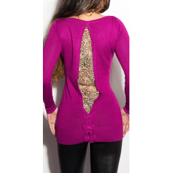 Koucla pulovr - tunika s leopardím průstřihem na zádech fialová