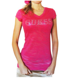 Dámské tričko GUESS Marty logo růžové burnout triko s kamínky