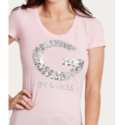 Růžové dámské tričko G by GUESS ze 100% bavlny. ✨ Kulatý výstřih, krátké rukávy a třpytivé flitry pro váš dokonalý den! 💖