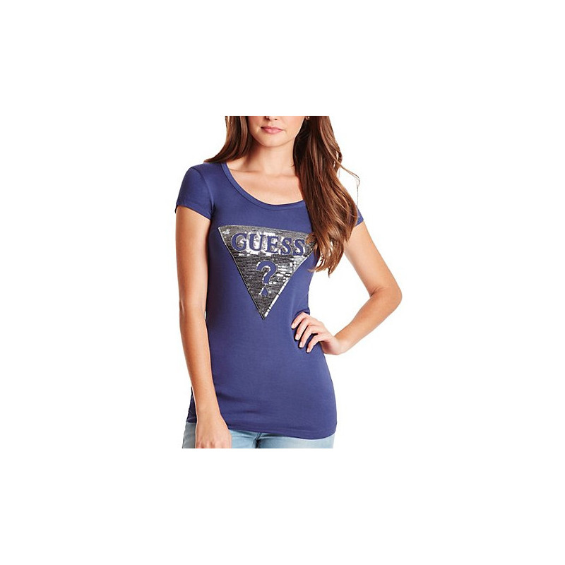 Dámské tričko Guess Tracy Logo - modré triko s flitry