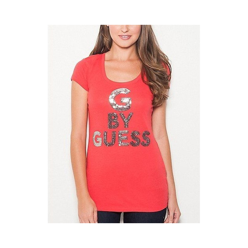 Červené dámské tričko G by GUESS ze 100% bavlny. ✨ Kulatý výstřih, nápis z flitrů a maximální pohodlí pro každý den! ❤️