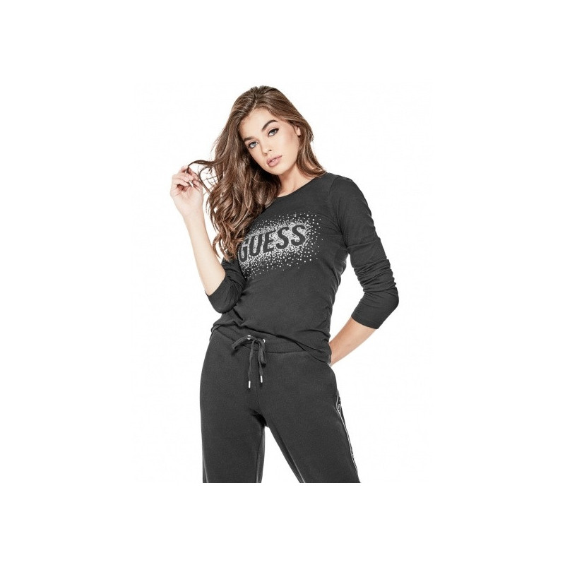Dámské tričko Guess Amora rhinestone logo černé triko s dlouhým rukávem