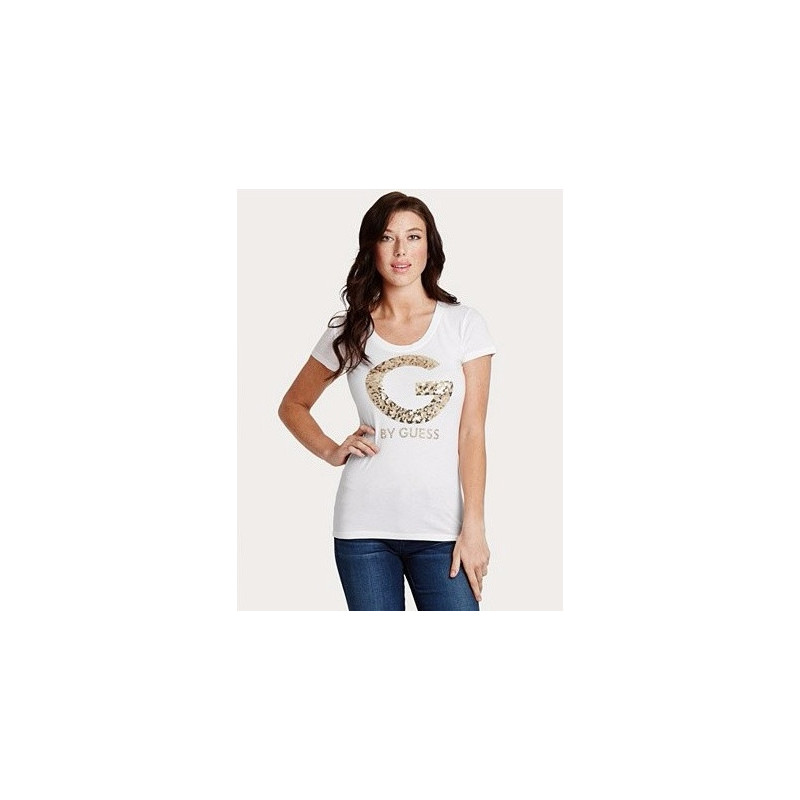 Stylové dámské tričko G by GUESS v bílé barvě s pruhy. ✨ 100% bavlna, kulatý výstřih a třpytivý flitrový detail pro každý den!