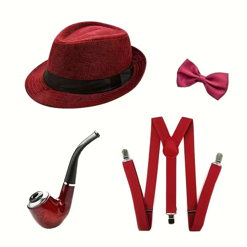 Gangster pánská sada styl Great Gatsby - klobouk, šle, dýmka a motýlek