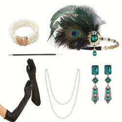 Plesová čelenka styl Great Gatsby,náramek,perly, náušnice,rukavice, náustek