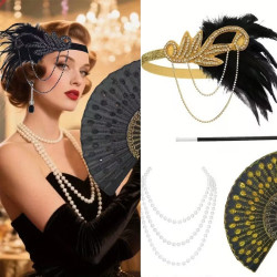 Plesová čelenka styl Great Gatsby černozlatá ,perly vějíř, náušnice a rukavice