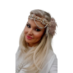 Luxusní čelenka styl Great Gatsby - 20.léta s pavím peřím a štrasovým kamínky barva šampaňská