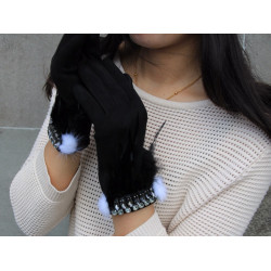 dámské černé rukavice semišového vzhledu s kamínky a peřím