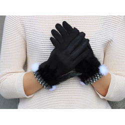 dámské černé rukavice semišového vzhledu s kamínky a peřím