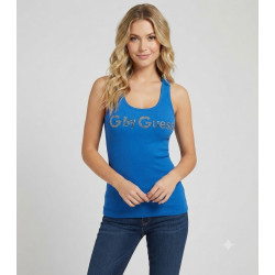 Tmavě modré žebrované dámské tílko G by Guess s třpytivým nápisem.