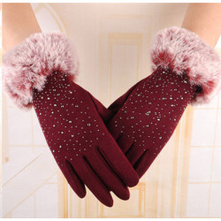 Dámské rukavice s kožešinkou a kamínky na dotykový displej