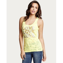 Originální dámské tílko G by GUESS Dollie Love Tank v limetkově žluté. ✨ Stylový burnt-out efekt a třpytivý nápis. Dopřejte si p