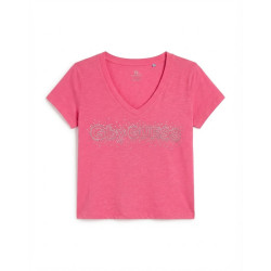 Stylové dámské tričko G by GUESS v trendy růžové barvě. ✨ Volný střih, véčkový výstřih a nápis z kamínků! 💖