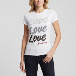 Exkluzivní bílé dámské tričko Armani Exchange ze 100% viskózy. ✨ Kulatý výstřih a luxusní nápis z kamínků! 💖