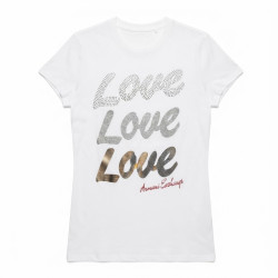 Exkluzivní bílé dámské tričko Armani Exchange ze 100% viskózy. ✨ Kulatý výstřih a luxusní nápis z kamínků! 💖